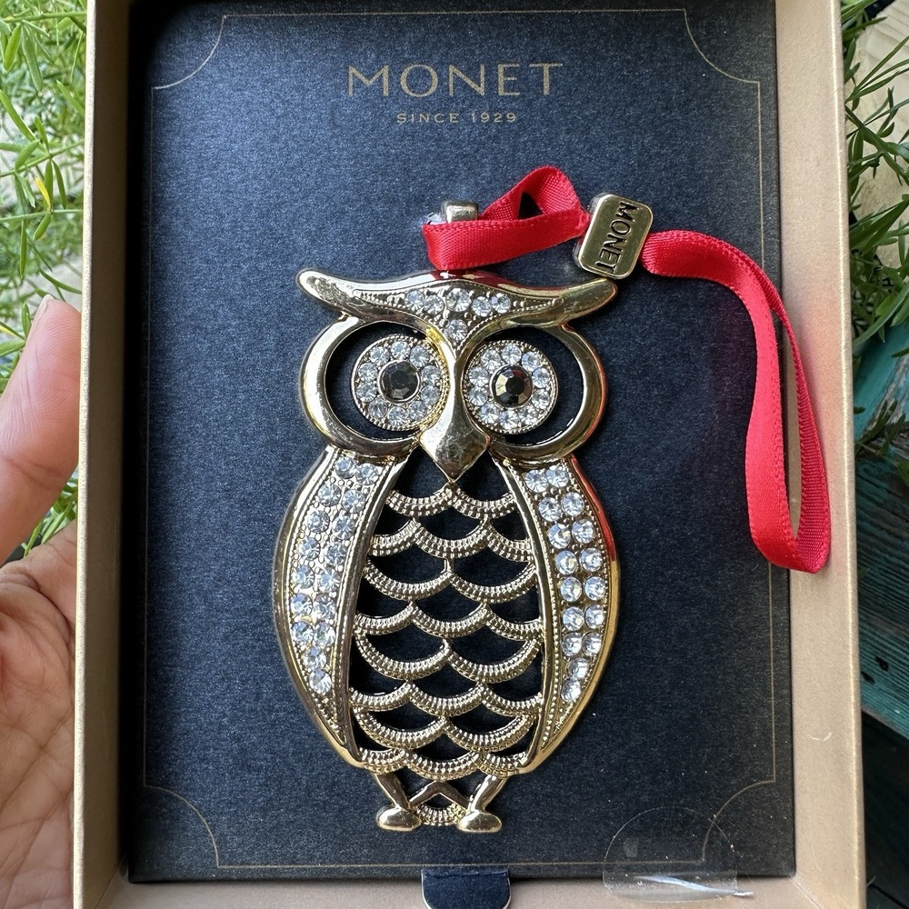 Monet Christmas Owl Bird 2020 Ornament 3.25 Inch Gold Crystal Rhinestones Box‎